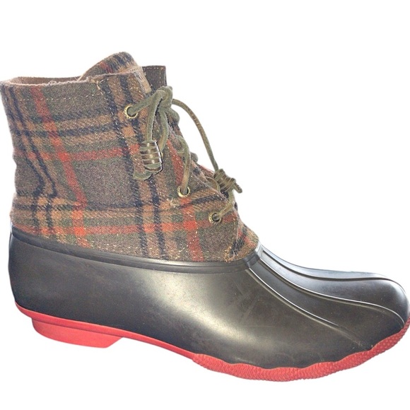 Sperry Waterproof Saltwater Duck Boots Brown Flannel Plaid Ankle Hiker - Picture 2 of 9